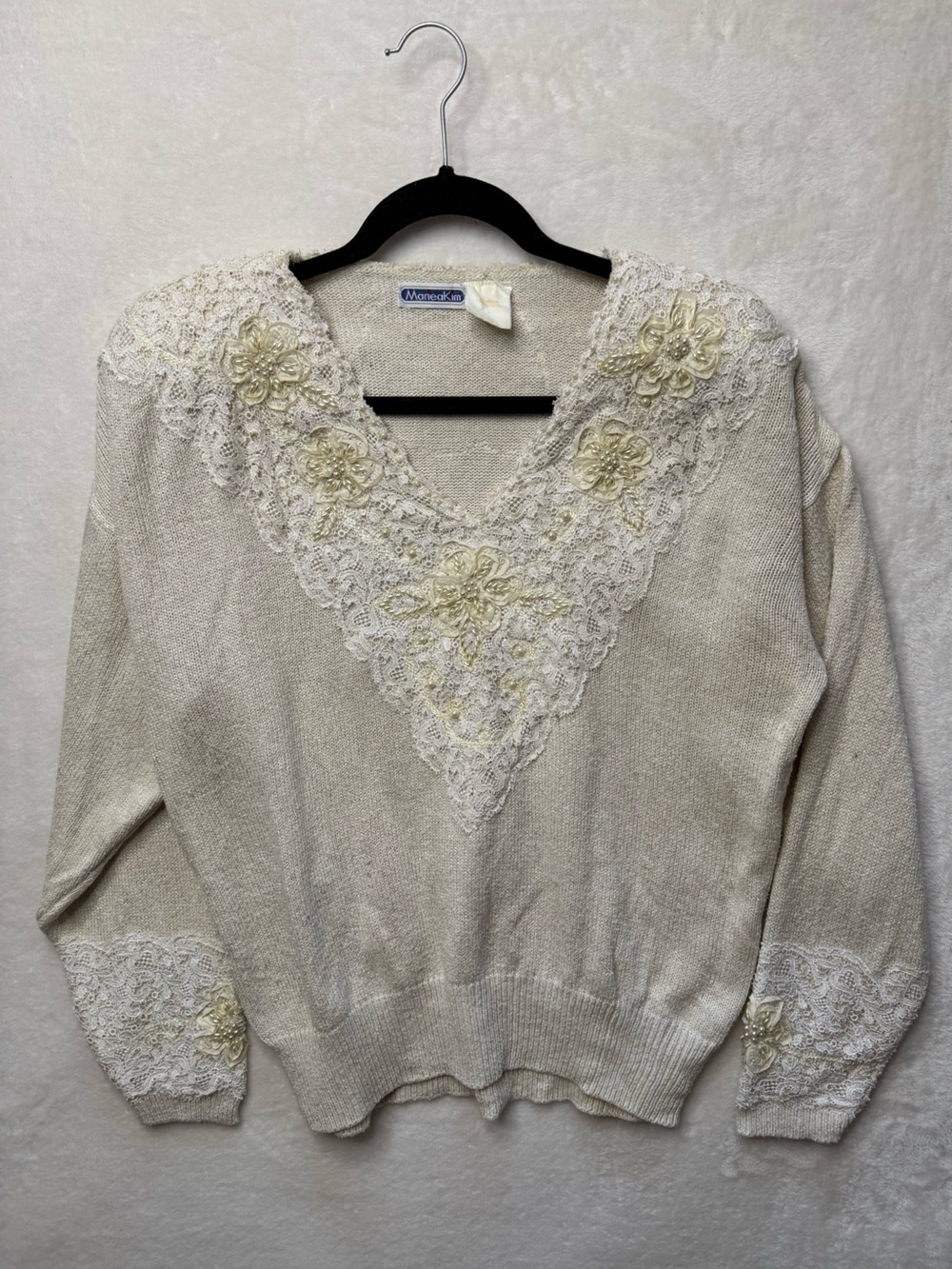 MarieaKim Vintage Pearl Beaded Lace V-neck Sweater Grannycore 80s 90s M